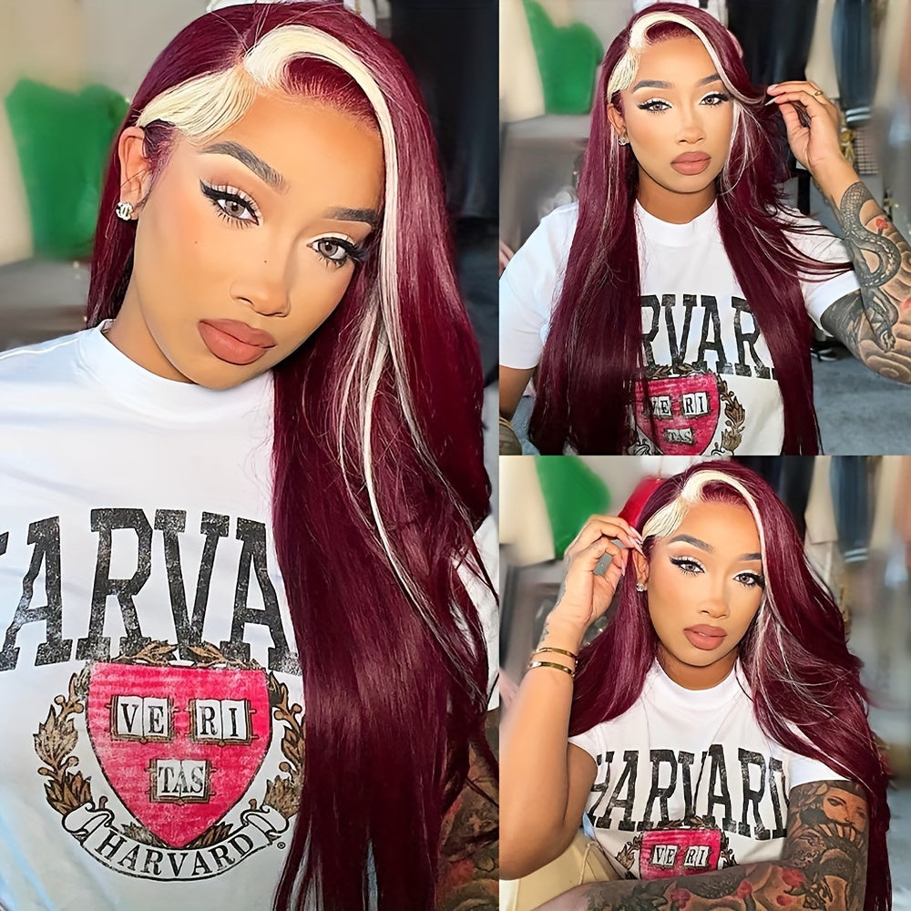 Burgundy Highlight Blonde Lace Front Wig for Women - 13x4 Inch, 26-Inch Silky Straight Synthetic Heat Resistant Fiber, Pre-Plucked Hairline, Glueless Design for Daily & Party Wear, Party Hairpiece | Elegant Hairpiece | Gluele